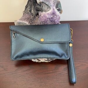 Handmade Blue Metallic Leather Clutch, Detachable Strap, Antique Brass Hardware